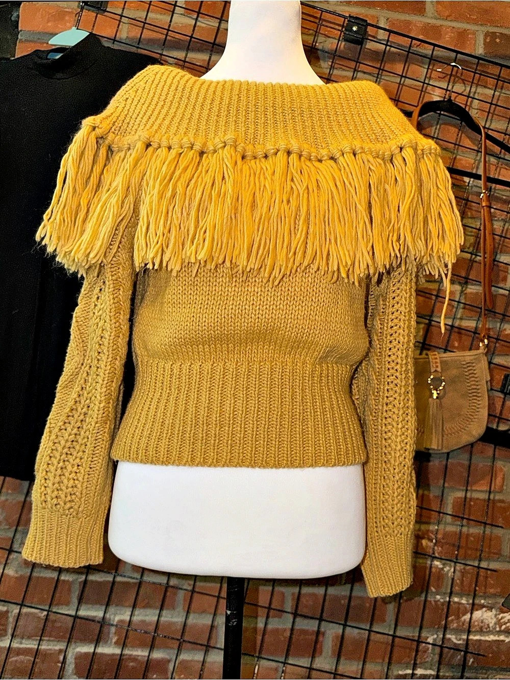 Storets Mustard Yellow Fringe Off Shoulder Cropped Cable Knit Sweater